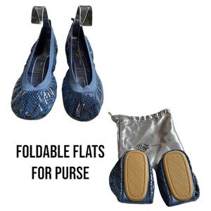 Yosi Samra Blue Black Snake Skin Leather Foldable Portable Ballet Flats Sz 7